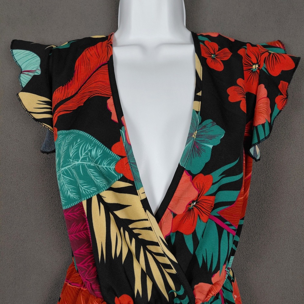 Tropical Floral V-Neck Ruffle Mini Dress Flutter Sleeve Tie Back High Waist ?Lg? - Picture 2 of 14